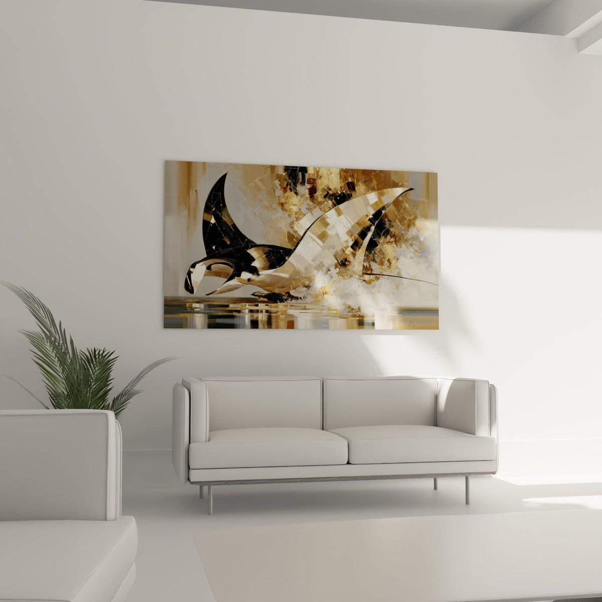 Silhouette dorée et anthracite de la raie manta jaillissant de l'eau, au-dessus d'un canapé dans un salon lumineux