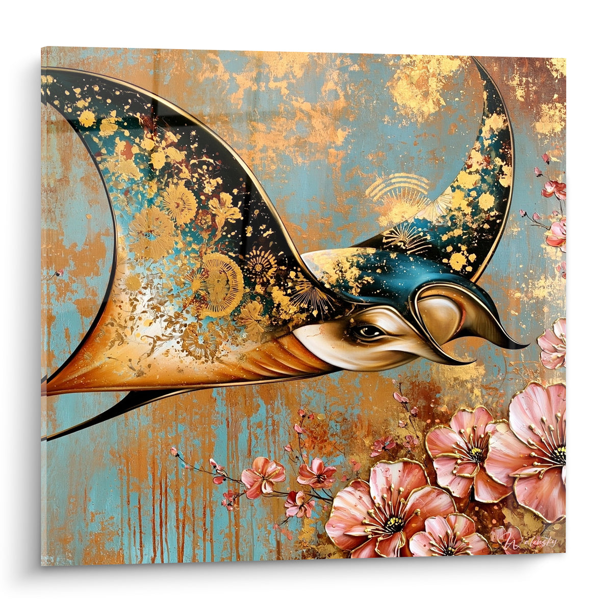 Raie manta dorée aux motifs floraux, fond turquoise patiné et fleurs de cerisier roses