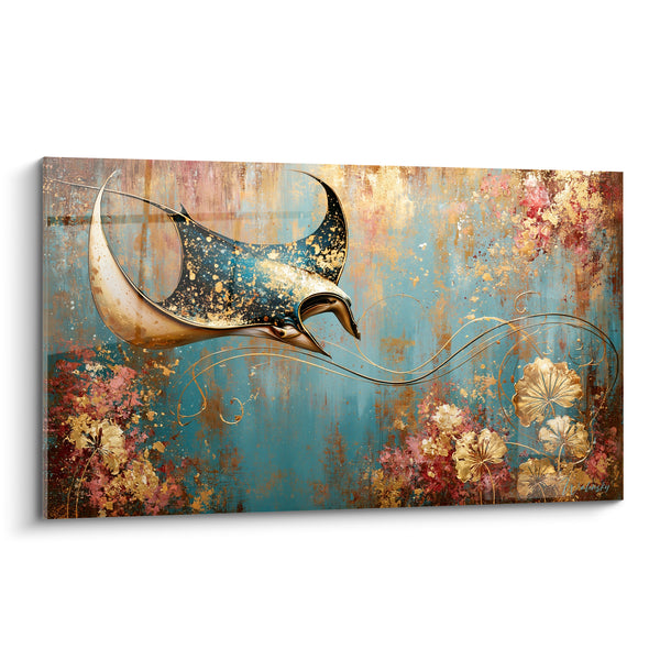 Tableau Raie manta turquoise et rose entourée de fleurs dorées - Nageoire filiforme incurvée - Edition Raie manta