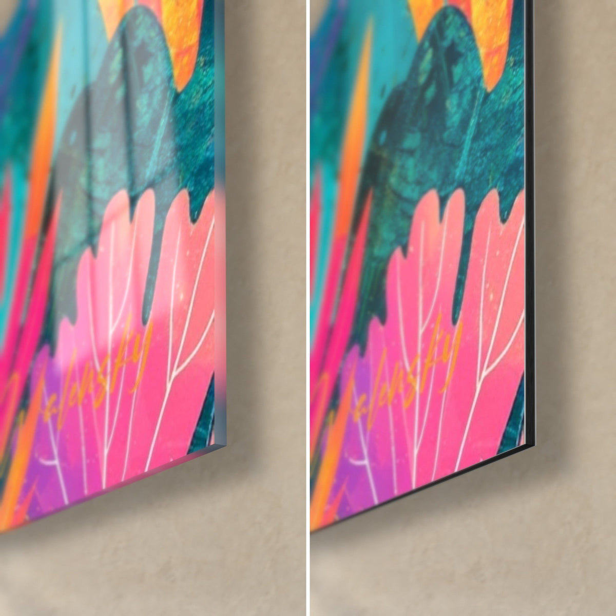 Wall art manta ray, coral pink and turquoise foliage in the bottom right corner, glossy acrylic glass facing matte Dibond, 3 mm edge