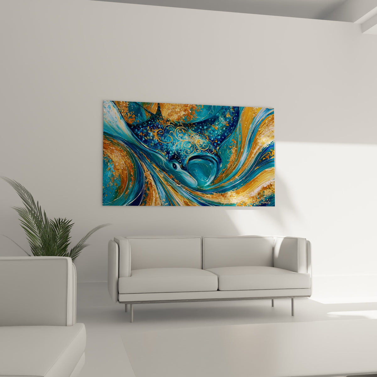 Motifs dorés en filigrane sur fond turquoise de la raie manta au-dessus d'un canapé dans un salon lumineux