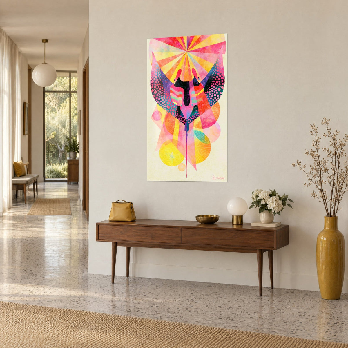 Tableau manta stylisée aux disques orangés et jaune citron, ailes pointillées de rose vif, couloir et console en bois, vue de trois-quarts