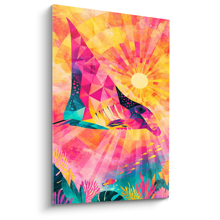 Tableau Raie manta rose et turquoise géométrique - Éveil sous-marin - Edition Raie manta