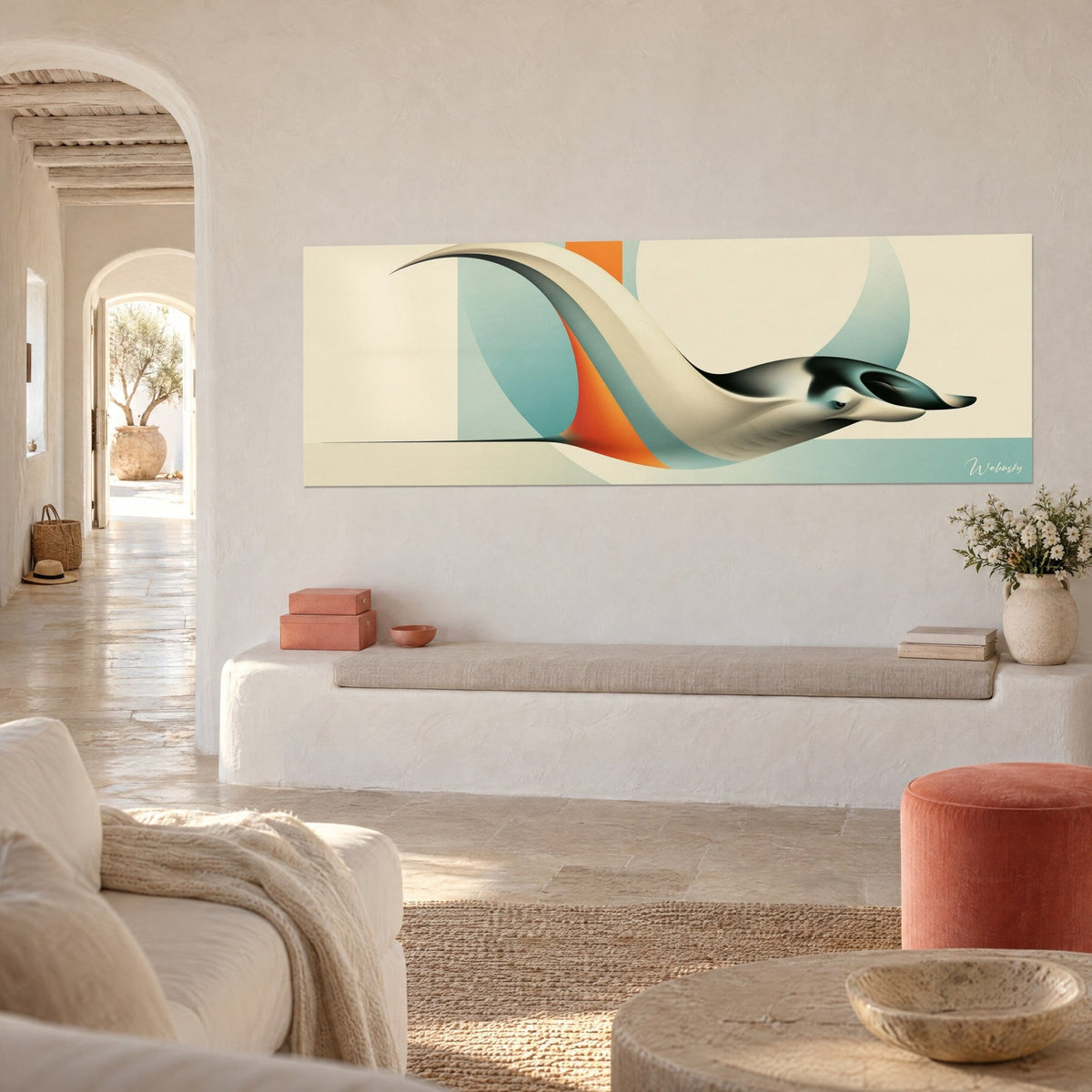 Wall art flatfish with cream wings and black underside, bright orange arc, three-quarter view in a white vaulted room