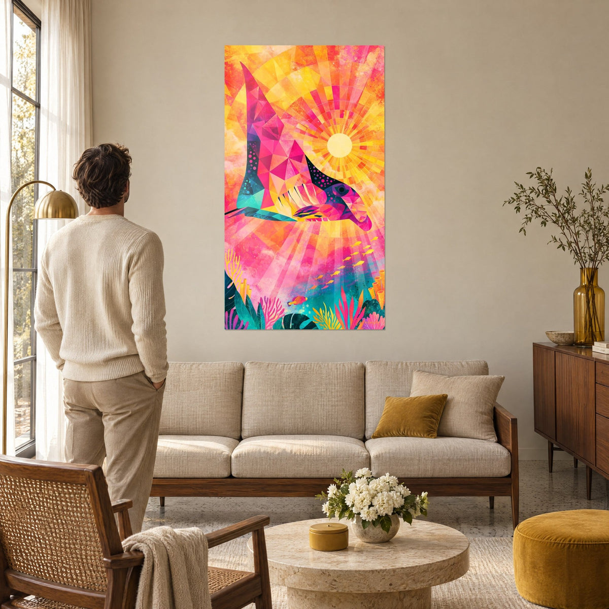 Wall art manta ray in pink and turquoise facets under a bright yellow sun, seen from behind above a sofa in a bright living room