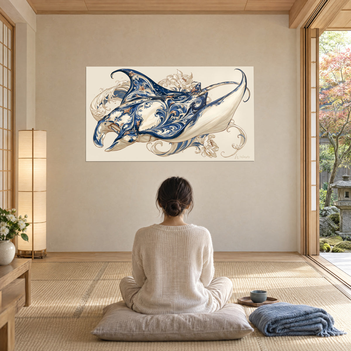 Tableau manta aux ailes ciselées de volutes marine et ivoire, reflets cuivrés, face à une femme assise en tailleur dans une pièce japandi