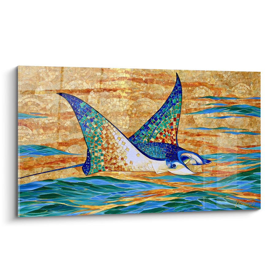 Tableau Raie manta mosaïque dorée et turquoise - Envol marin doré - Edition Raie manta