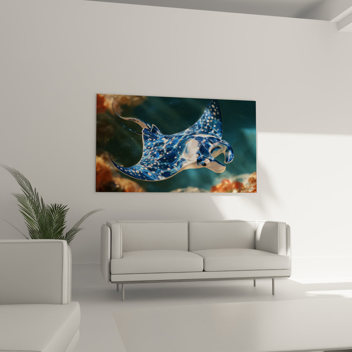 Créature marine bleue mouchetée de blanc en plein mouvement, au-dessus d'un canapé dans un salon lumineux