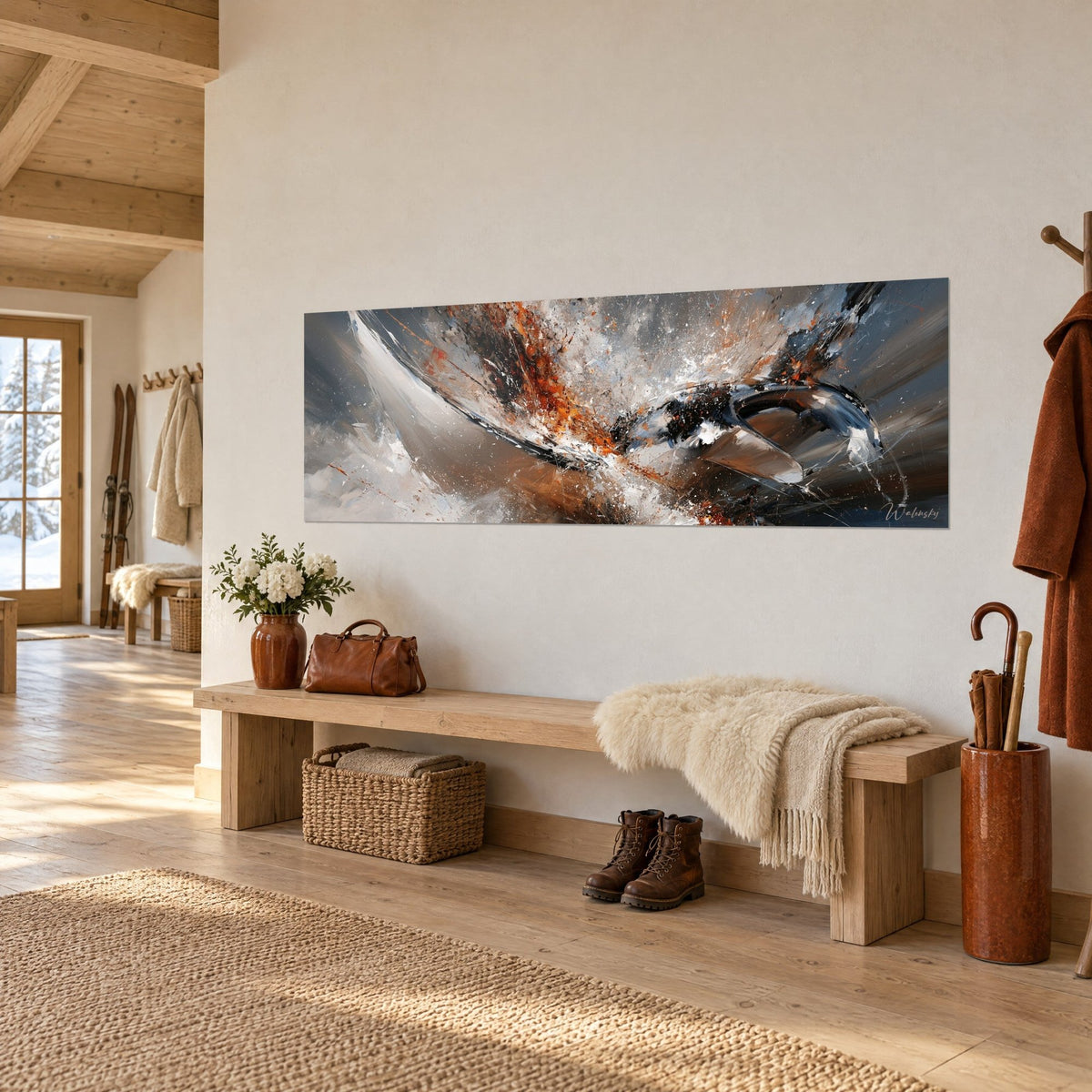 Wall art winged fish gliding through grey and rust foam, copper splashes, hung in an entrance with light wood