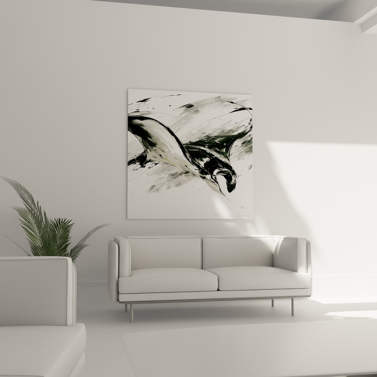 Mouvement fluide de la raie manta noir et blanc, suspendue au-dessus d'un canapé dans un salon lumineux
