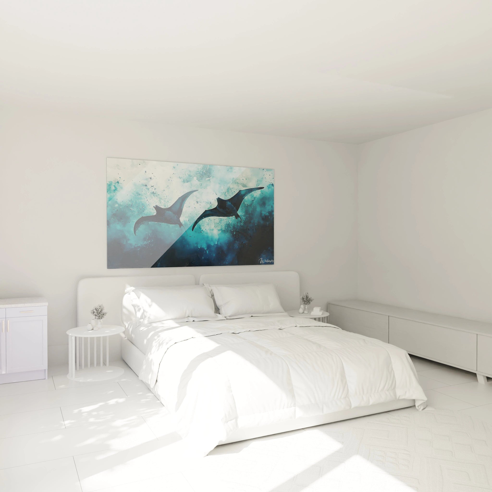 Un tableau raie manta mettant en scène deux silhouettes sombres de raies en mouvement ascendant, sur un fond bleu turquoise texturé créant une impression de profondeur océanique, avec des contrastes marqués entre les créatures et leur environnement aquatique.
