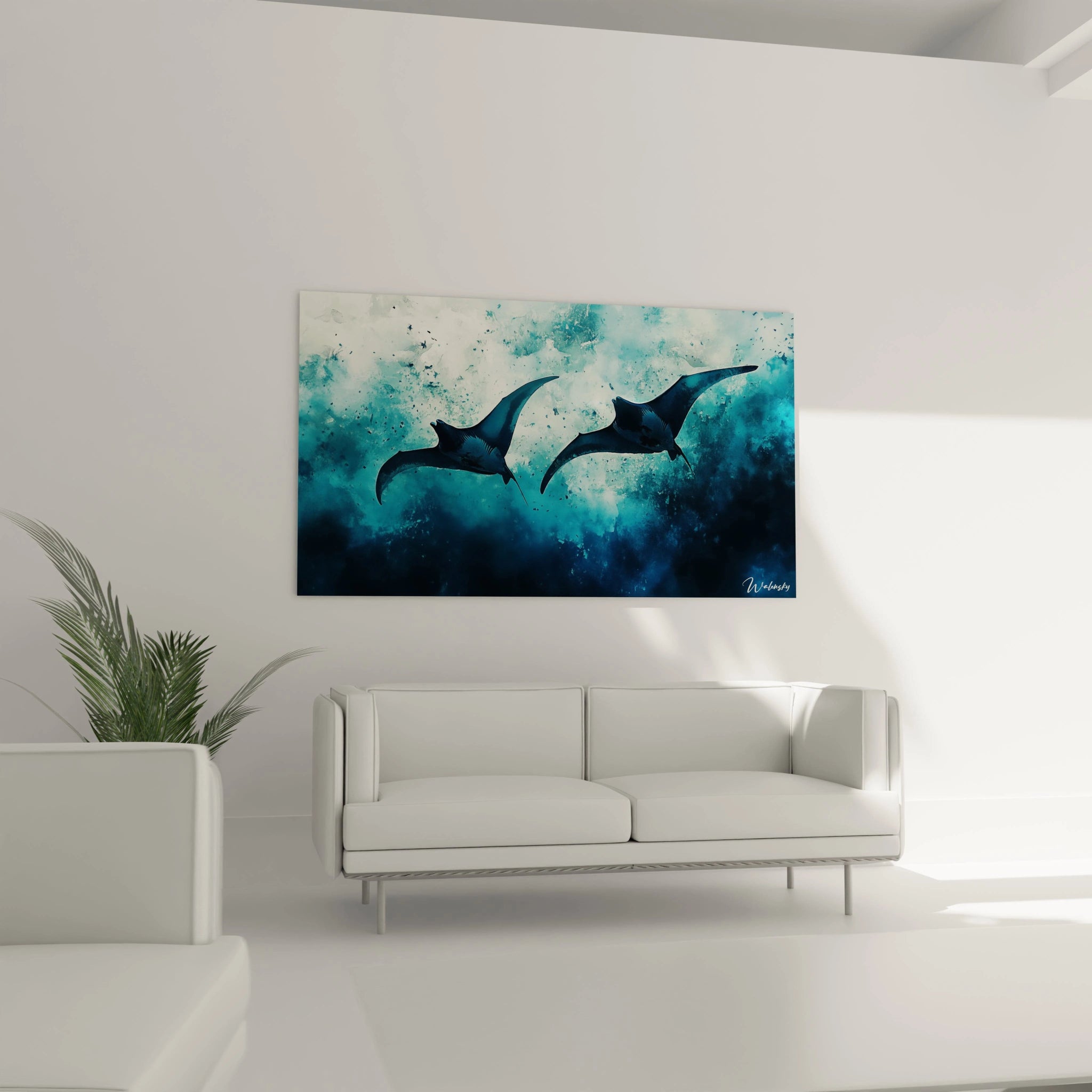 Un tableau raie manta montrant deux créatures marines aux ailes déployées traversant un espace bleu turquoise vaporeux, avec des effets de diffusion et d'éclaboussures qui suggèrent le mouvement de l'eau et la légèreté des raies dans leur habitat naturel.
