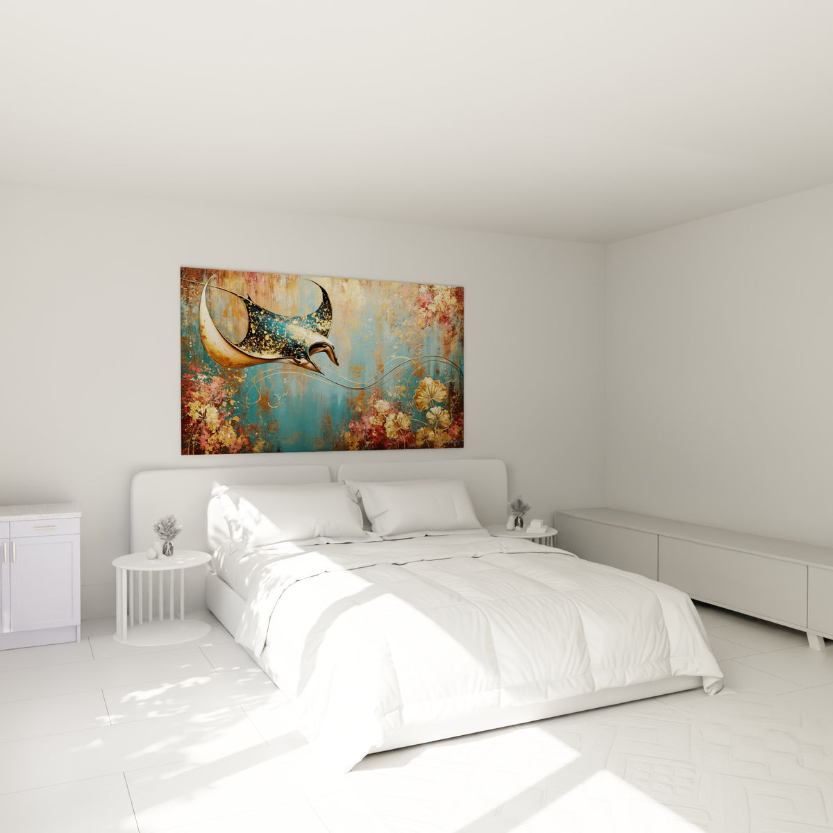 Silhouette de raie manta dorée et turquoise déployée au-dessus d'un lit dans une chambre claire