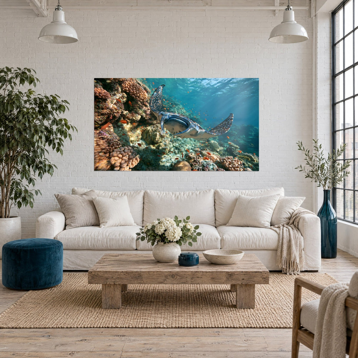 Schilderij van een gevlekte manta die over een oranje rif glijdt, turquoise water, boven een bank in een lichte woonkamer