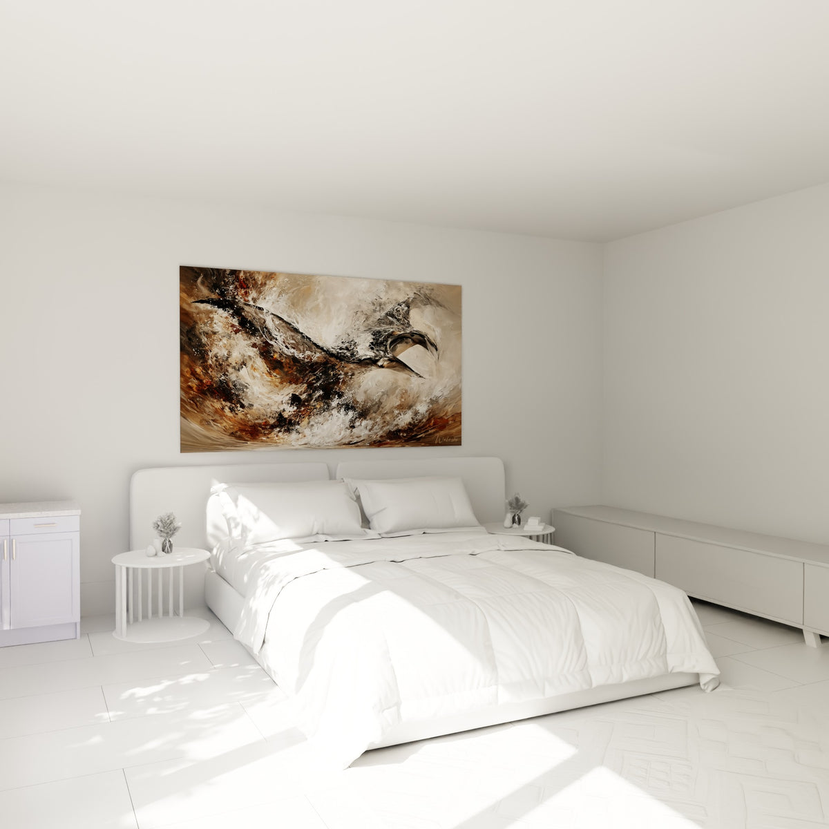 Silhouette de raie manta anthracite dans des remous terracotta, accrochée au-dessus d'un lit dans une chambre claire