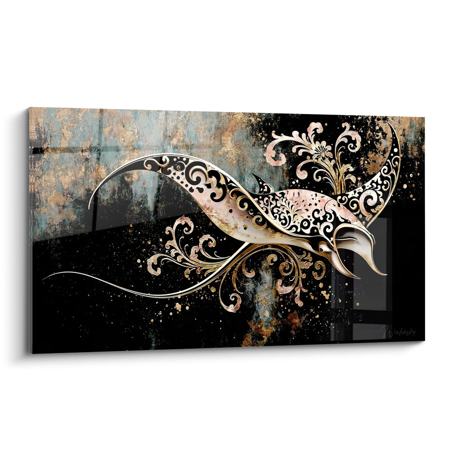 Tableau Raie manta noire aux volutes dorées - Glisse nocturne - Edition Raie manta