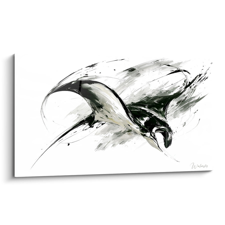 Tableau Raie manta noire et grise sur fond blanc - Traits d'encre calligraphiques - Edition Raie manta