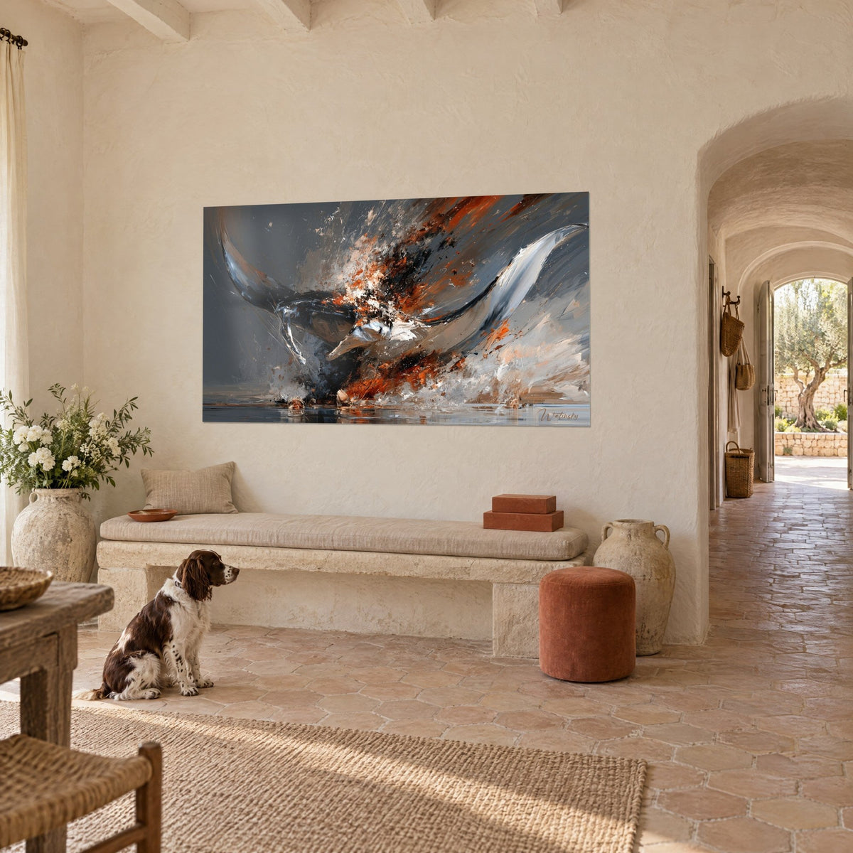 Tableau manta géante surgissant dans l'écume, noir de fumée et orange brûlé, mur crépi d'un mas, un spaniel assis devant