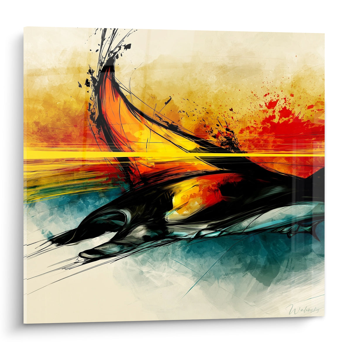 Raie manta noire aux nageoires orangées peinte dans un style expressif, fond crème et rouge éclatant