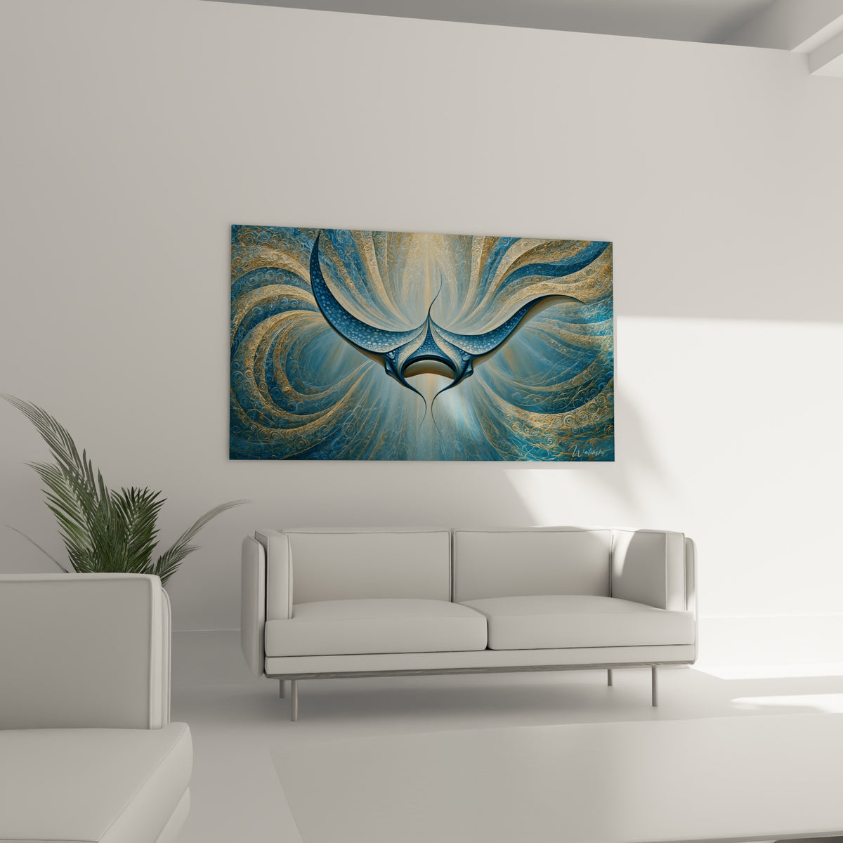 Silhouette de raie manta bleue et ocre suspendue au-dessus d'un canapé dans un salon lumineux