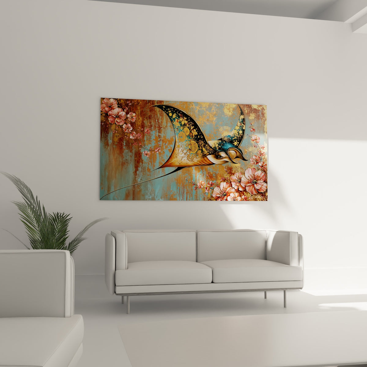 Raie manta rose et turquoise entourée de fleurs de cerisier, accrochée au-dessus d'un canapé dans un salon lumineux