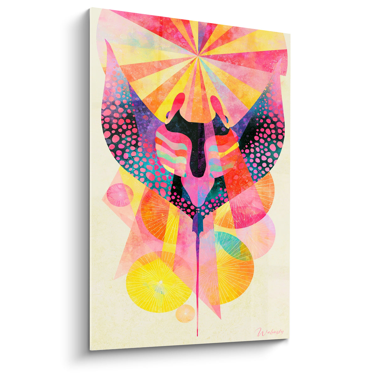 Tableau raie manta rose et jaune éclatée en rayons solaires, silhouette noire pointillée turquoise