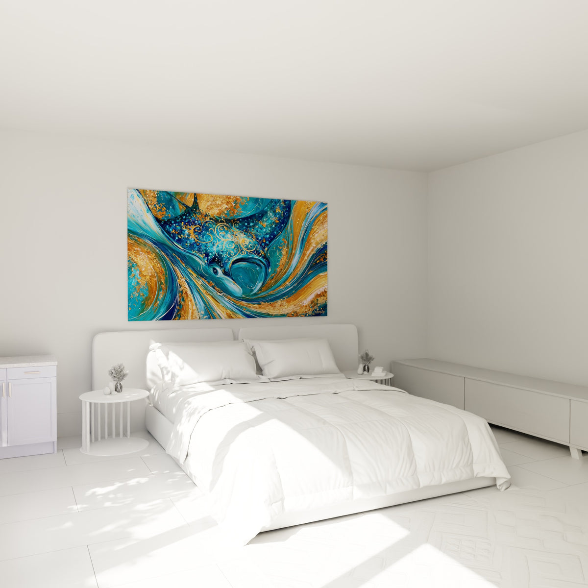 Spirales bleu marine et ocre doré de la raie manta au-dessus d'un lit dans une chambre claire