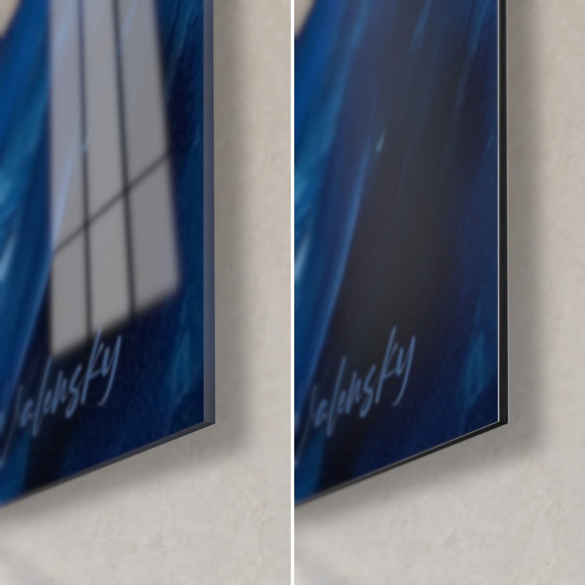 Wall art of manta rays in midnight blue, bottom right corner: glossy acrylic glass reflecting the window, matte white Dibond aluminium, 3 mm edge
