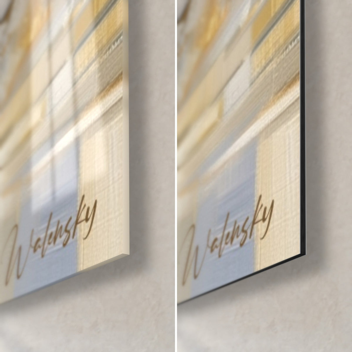 Tableau raie manta ébène et crème, coin bas droit : verre acrylique brillant à gauche, alu Dibond mat à droite, tranche de 3 mm