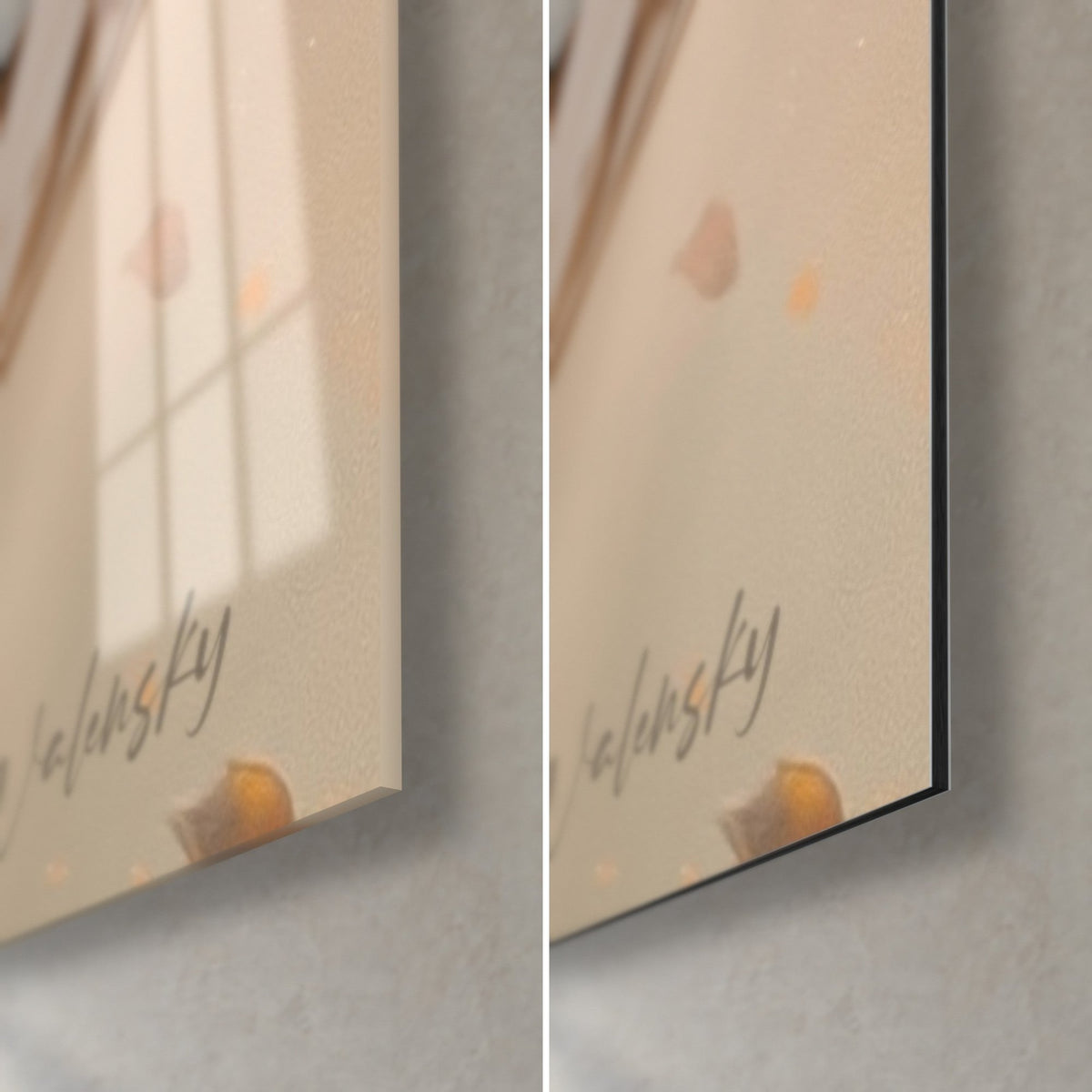 Wall art black and cream manta ray, lower right corner, glossy acrylic glass on the left, matte Dibond aluminum on the right, gold signature and 3 mm edge