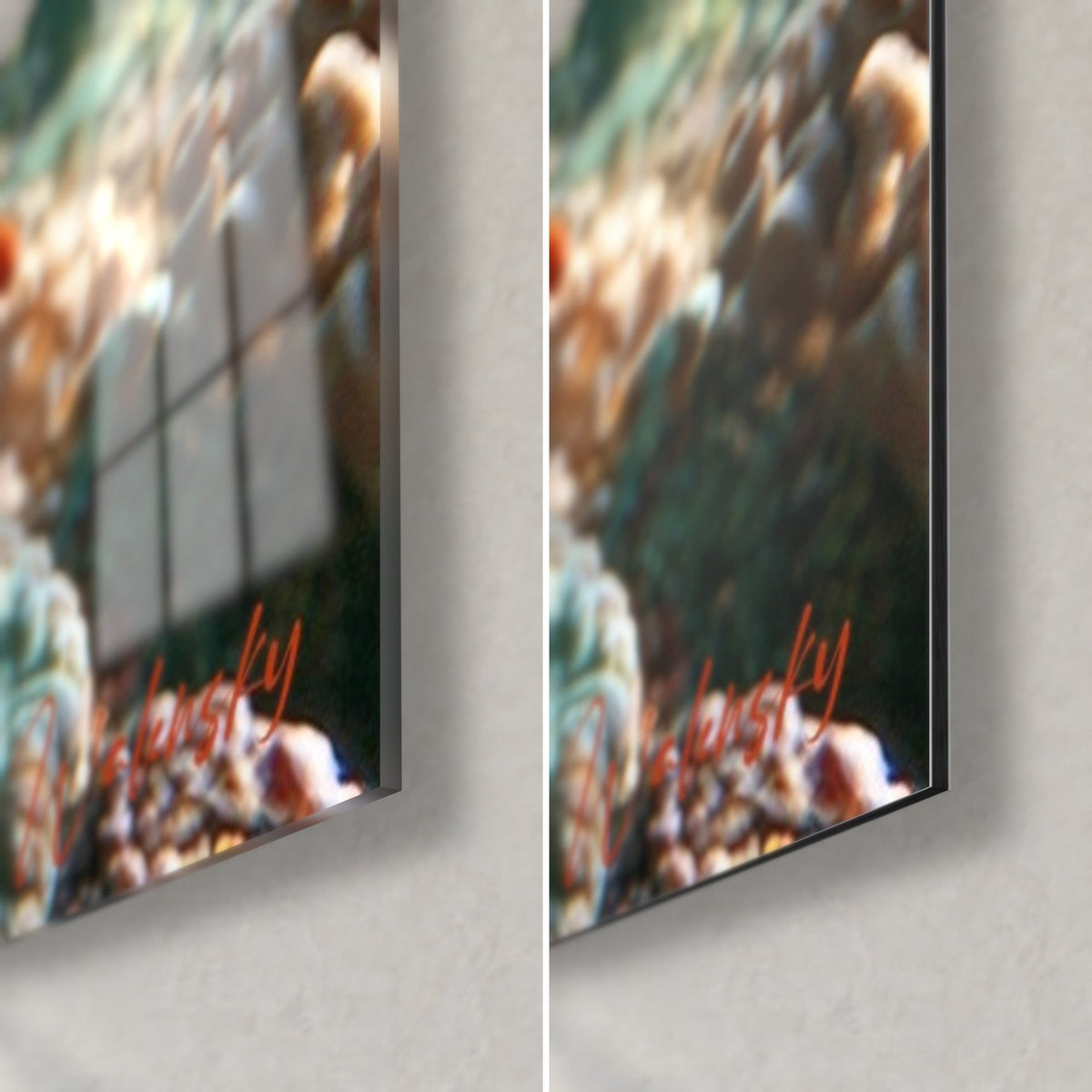 Schilderij van een blauwe manta-rog, rechtsonder: glanzend acrylglas links, mat wit Dibond rechts, rand van 3 mm