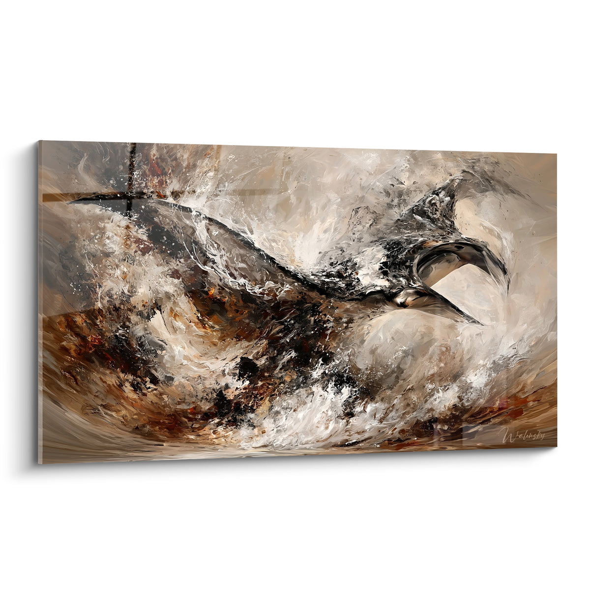 Raie manta noire jaillissant d'un tourbillon ocre et blanc, peinture texturée aux empâtements marqués