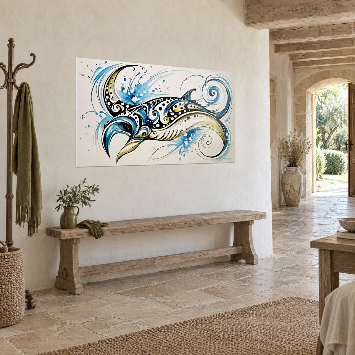 Raie manta ornementale en bleu profond et jaune ocre, tourbillons calligraphiques, au-dessus d'un canapé dans un salon lumineux