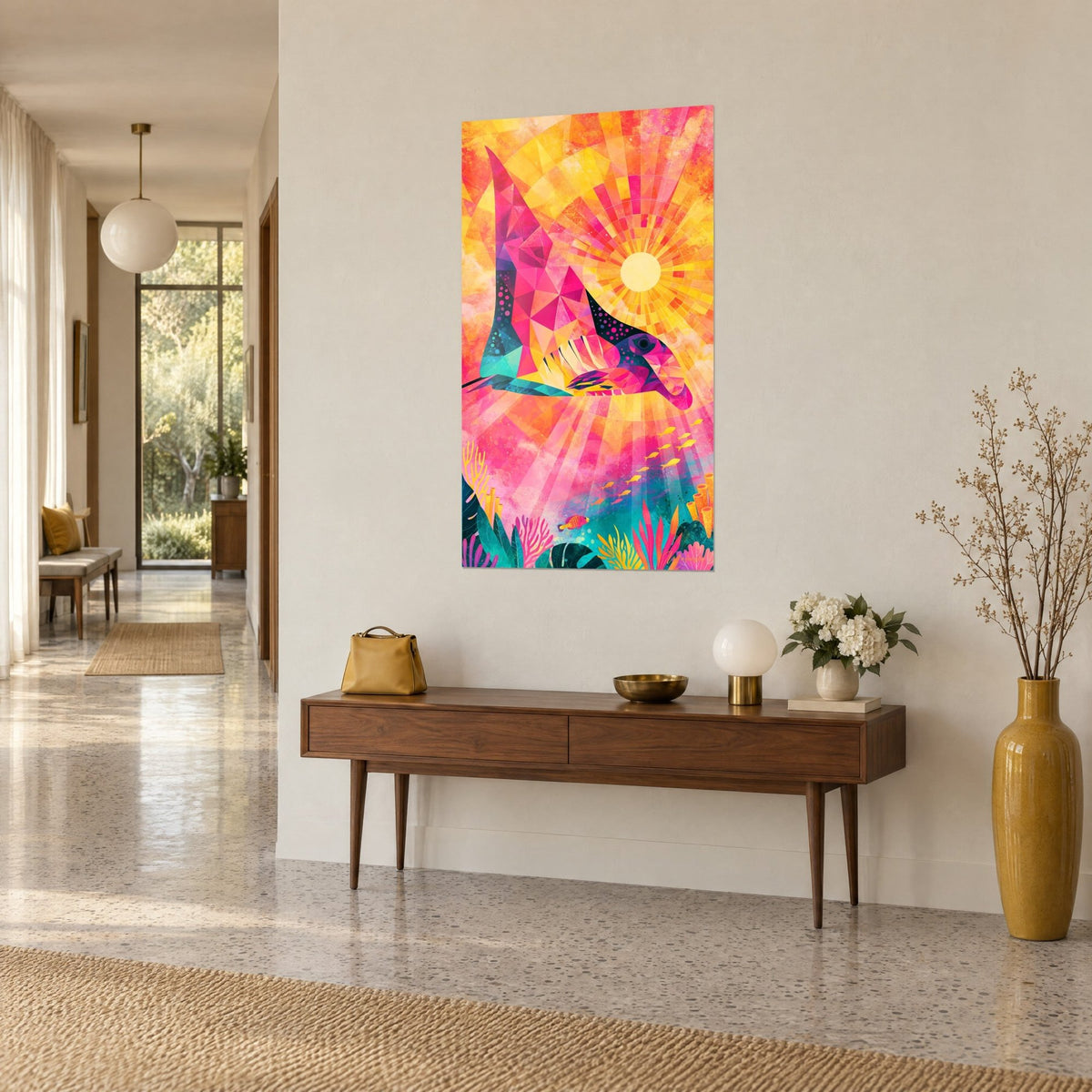 Wall art geometric manta ray with magenta and violet triangles, shoal of golden fish below, on a sunlit hallway wall
