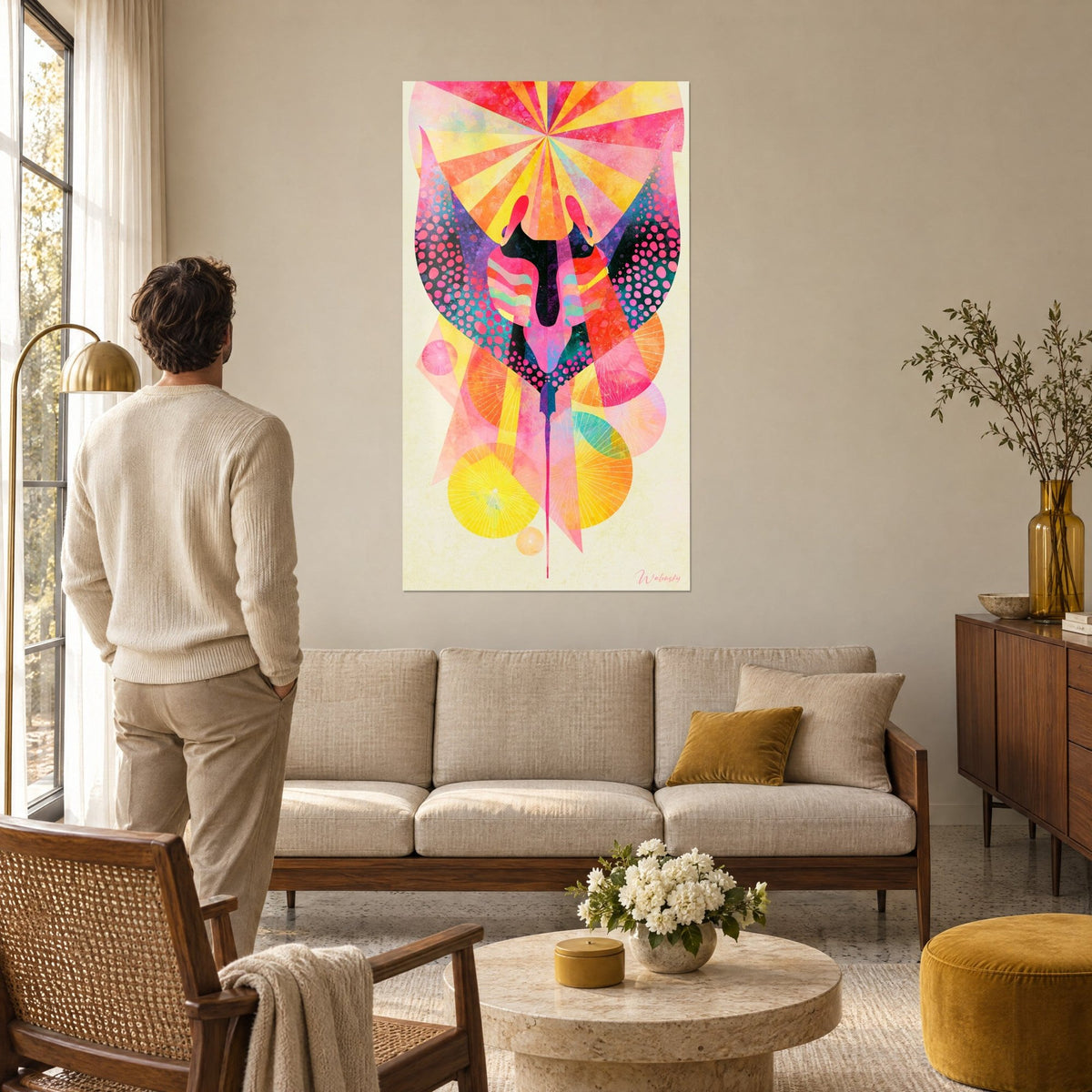 Tableau raie manta aux rayons solaires jaunes et roses, ailes tachetées de pois violets, au-dessus d'un canapé dans un salon lumineux