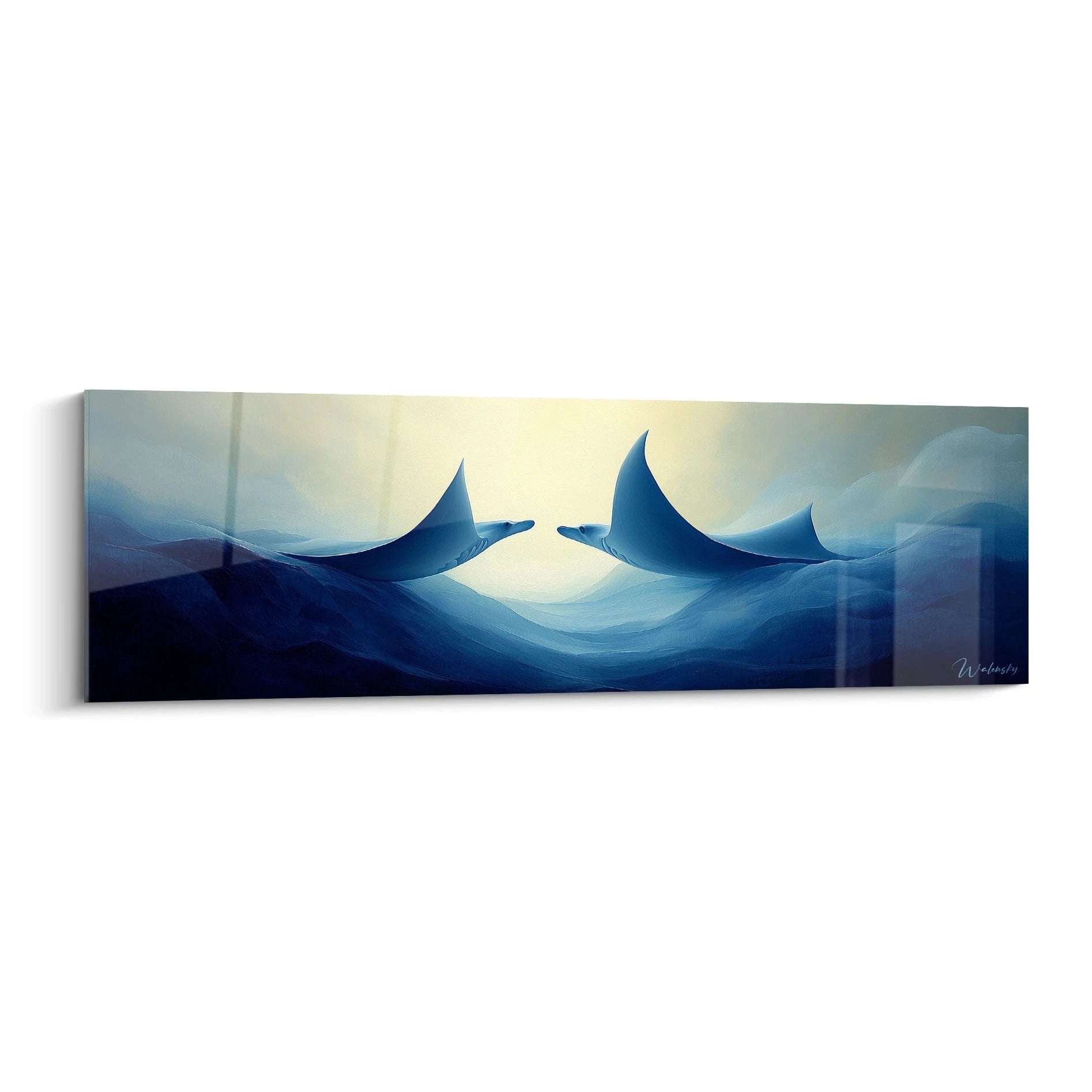 Tableau Walensky représentant deux raies manta bleu marine en nage dans un décor océanique abstrait
