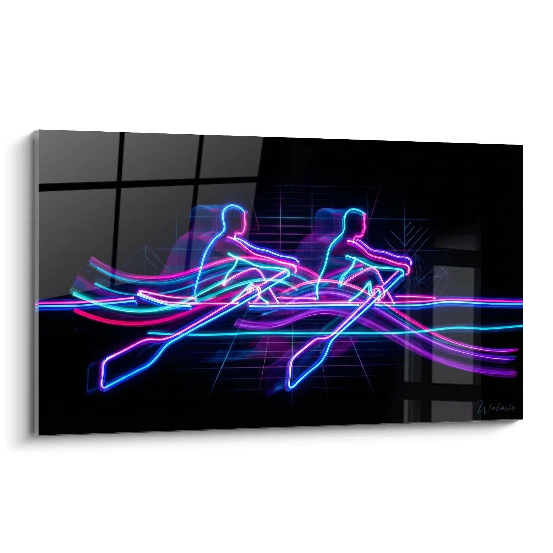 Tableau rameurs néon digital aux couleurs électriques bleu et magenta sur fond noir moderne
