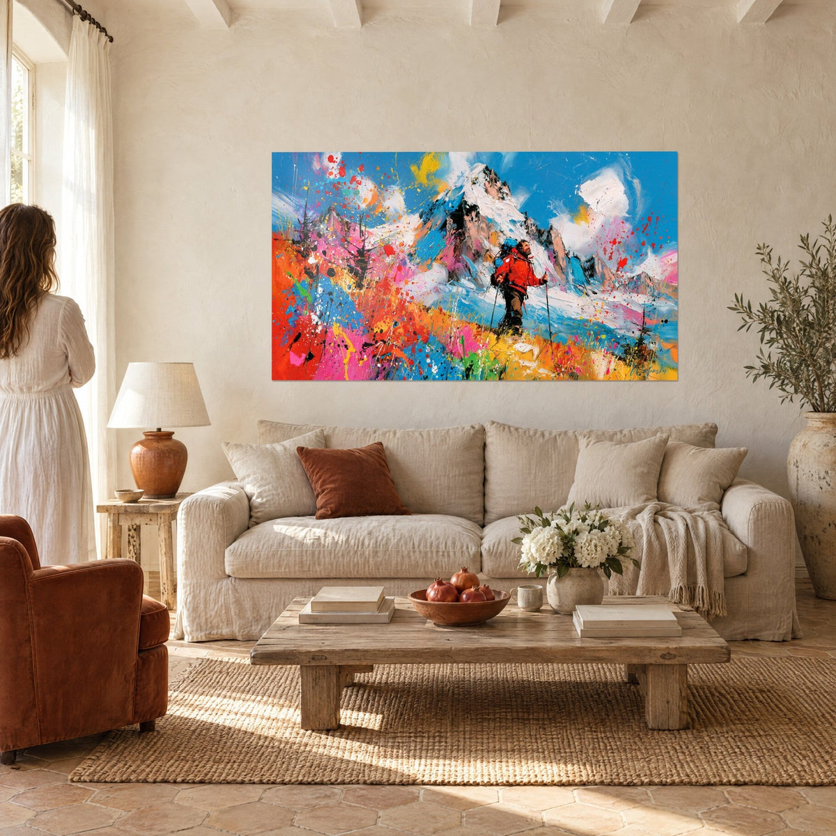 Tableau marcheur en anorak rouge face à une cime blanche, éclaboussures roses et orange, au-dessus d'un canapé dans un salon lumineux