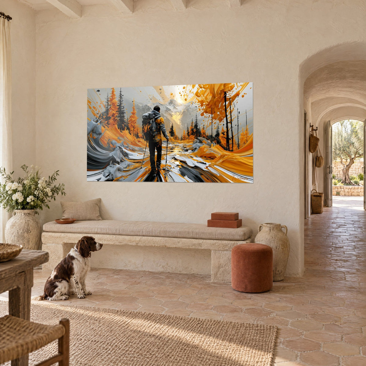 Quadro di un escursionista con bastoncini su un sentiero di colore grigio e ocra, larici dorati, cane spaniel seduto davanti, casale provenzale