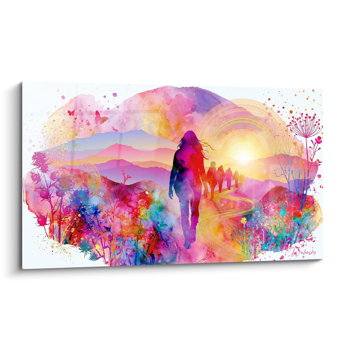 Silhouette rose et violette de randonneuse marchant sur un sentier doré aquarelle éclatante
