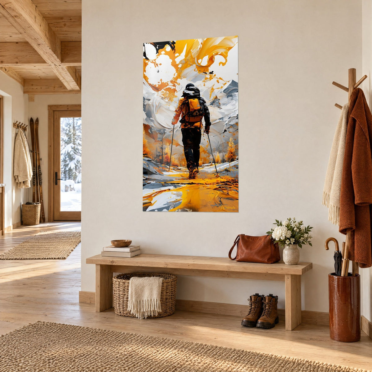 Tableau marcheur en veste orange et sac à dos sur un chemin de mélèzes dorés, éclaboussures grises, vu de trois-quarts dans l'entrée d'un chalet