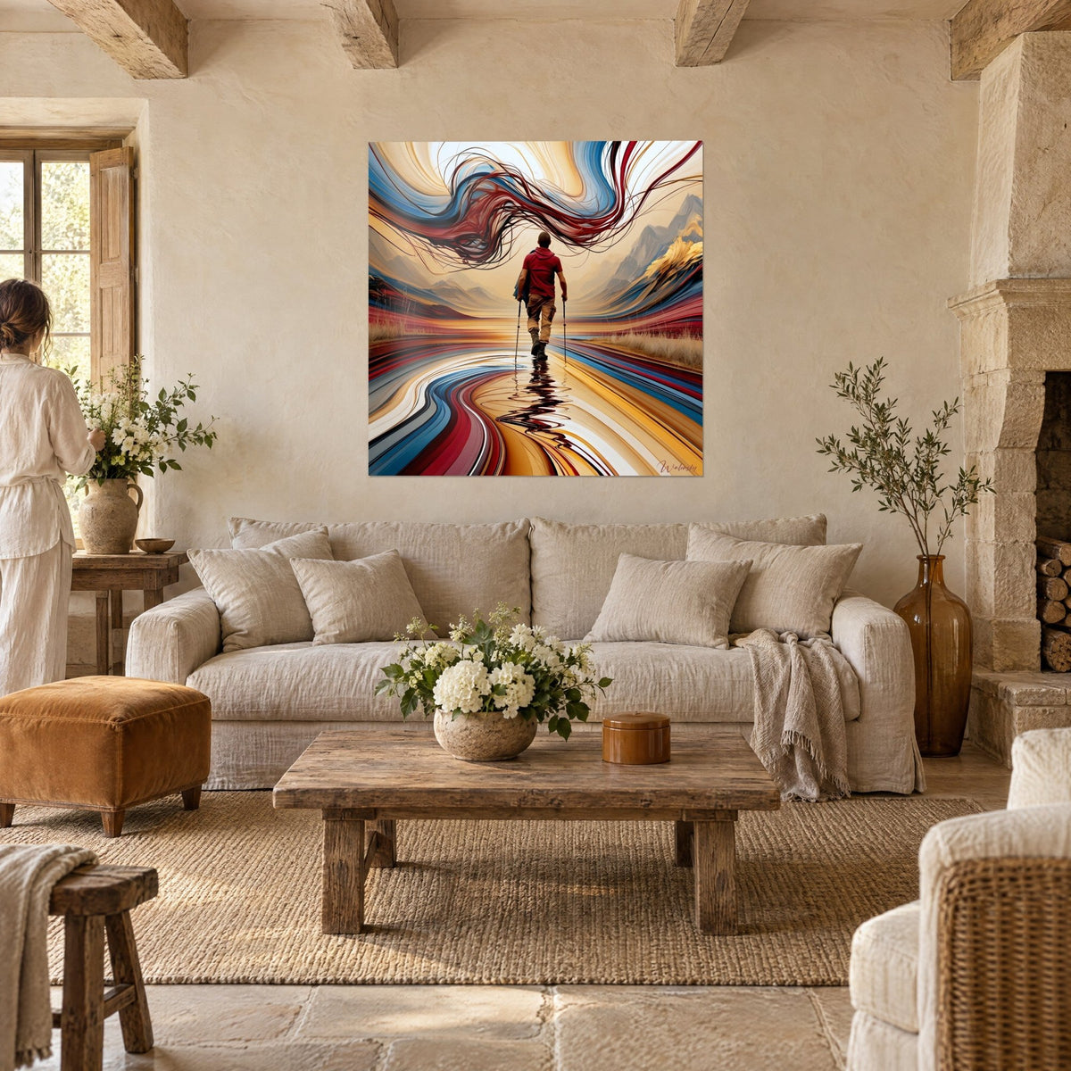 Tableau marcheur en polo bordeaux, bâtons ocre, sur un lac miroir aux spirales bleues, au-dessus d'un canapé dans un salon lumineux