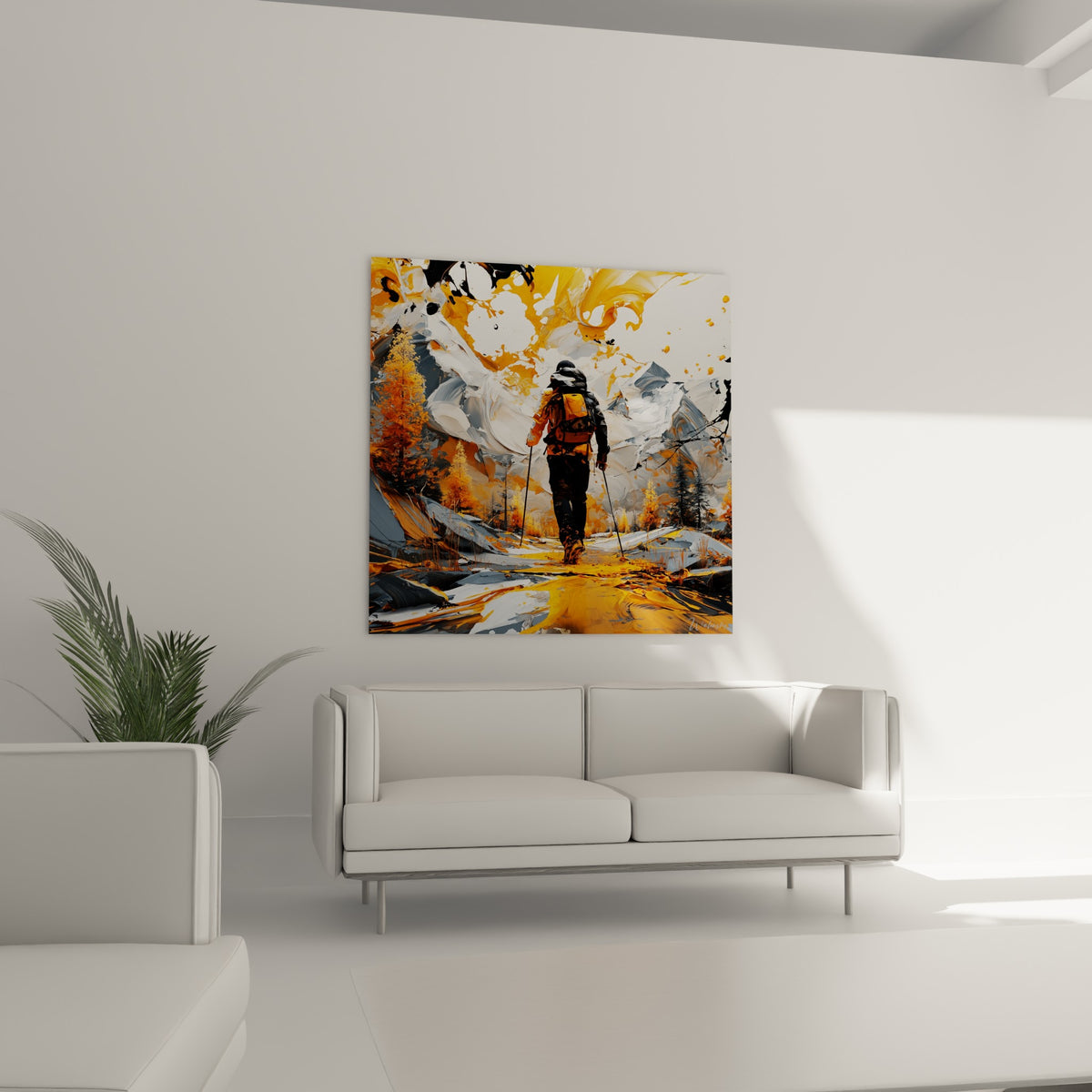 Silhouette du randonneur en sac orange avançant vers des sommets gris, au-dessus d'un canapé dans un salon lumineux