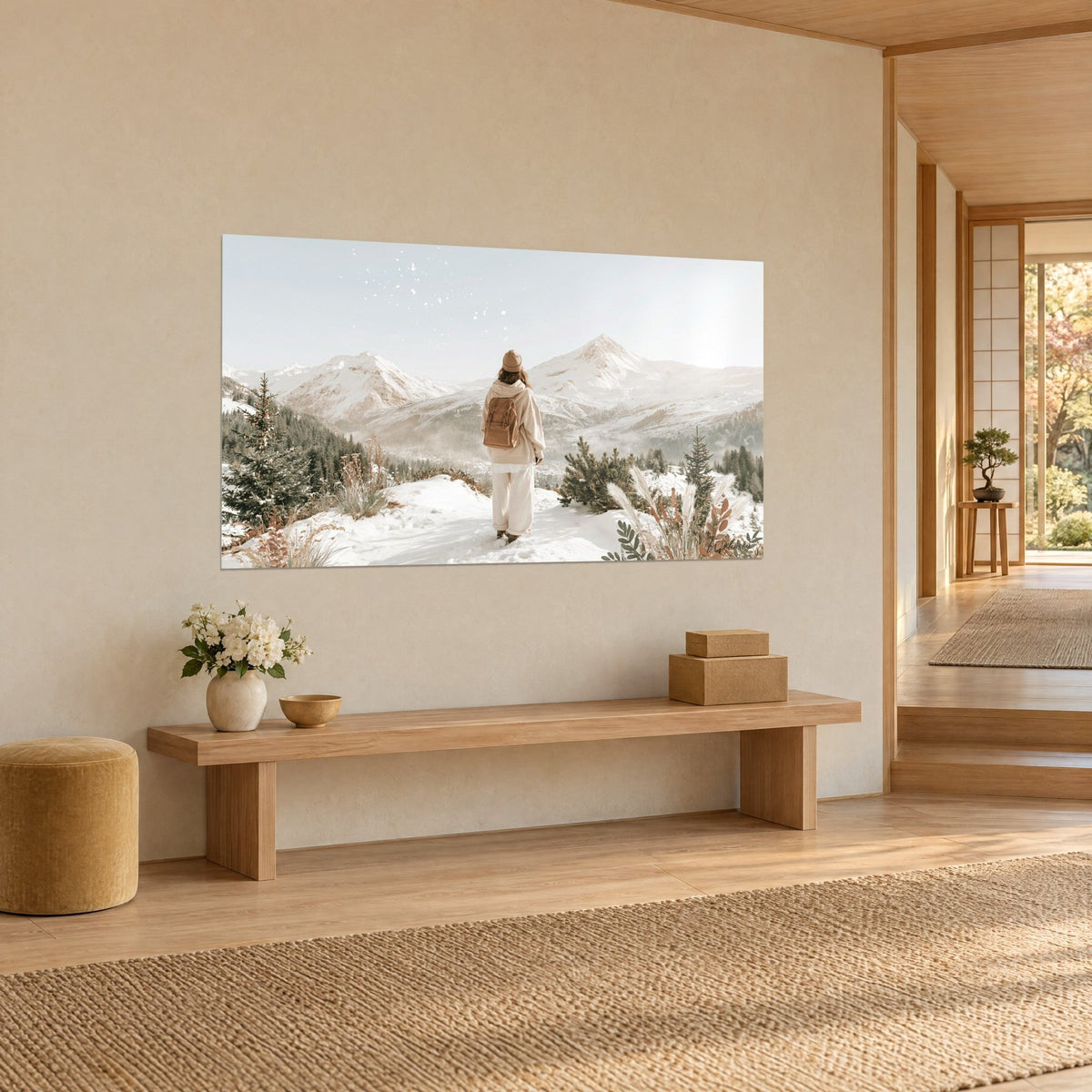 Cuadro viajera de espaldas en la cresta nevada, cimas escarchadas y pinos verdes, banco de madera clara, en un salón japandi