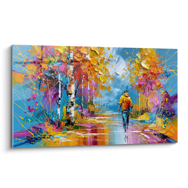 Tableau Randonneur solitaire sous bouleaux dorés et bleus - Chemin d'automne - Edition Randonnée