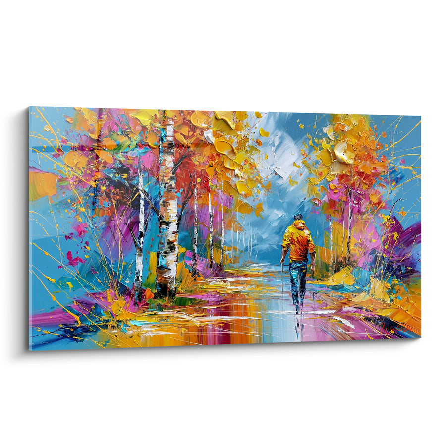 Tableau Randonneur solitaire sous bouleaux dorés et bleus - Chemin d'automne - Edition Randonnée