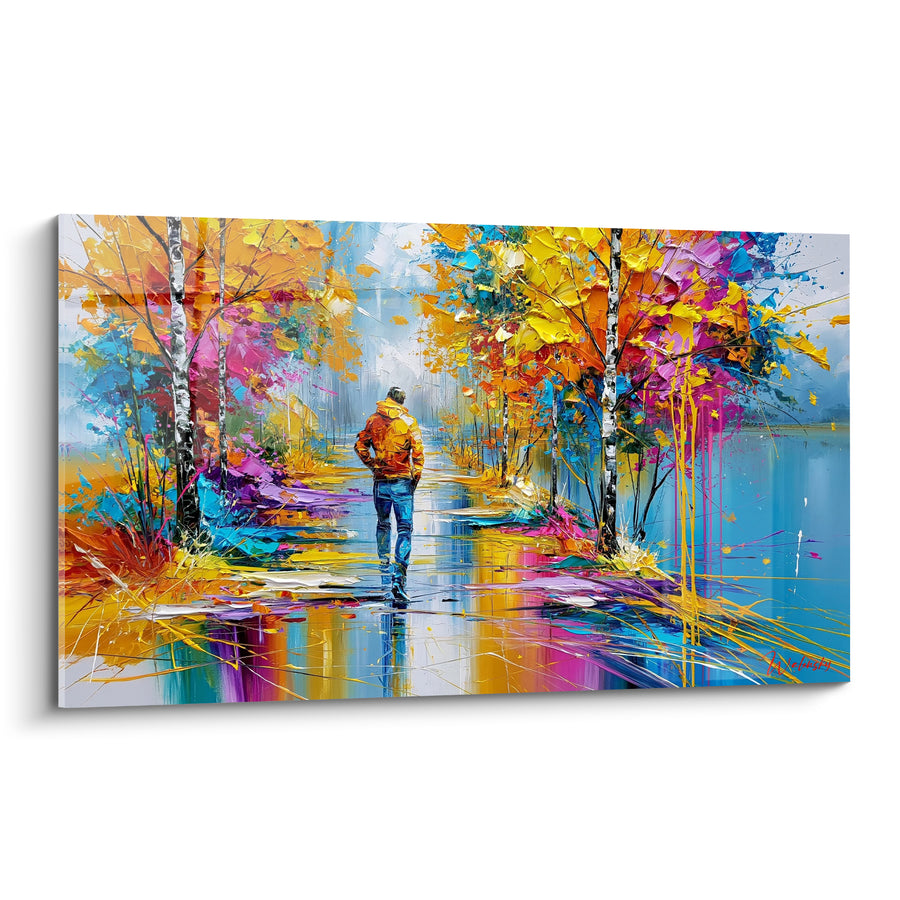 Tableau Randonneur solitaire entre bouleaux dorés et bleus - Instant de solitude - Edition Randonnée