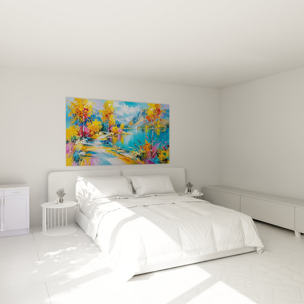 Bouleaux ocre et lac turquoise dominent ce tableau Randonnée au-dessus d'un lit dans une chambre claire