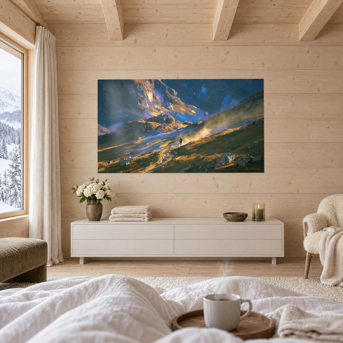 Wall art silhouette of a trekker in golden haze, violet and ochre slopes, facing a person seen from behind, above a bed in a bright bedroom