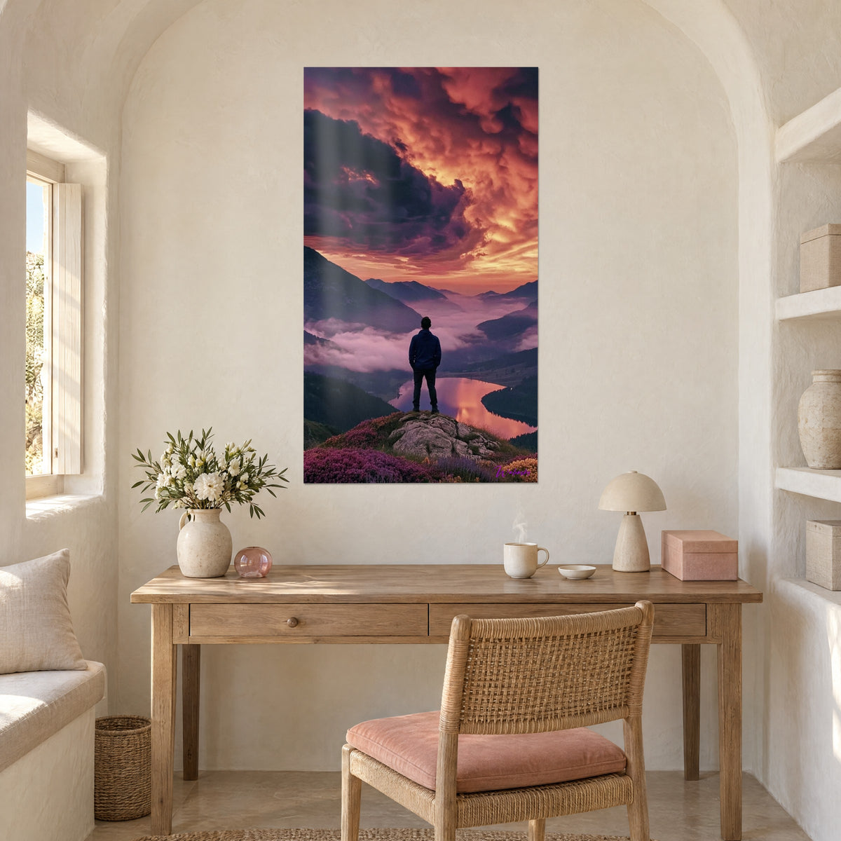 Schilderij man die naar een mistige vallei kijkt, vlammende oranje en paarse lucht, opgehangen boven een bureau van licht hout